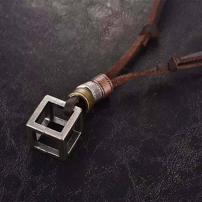THE MEN THING Leather Necklace CUBICANO BROWN - Vintage Alloy Cube Pendant with Adjustable Pure Leather Cord Necklace for Men & Boys