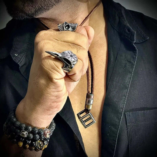 THE MEN THING Leather Necklace CUBICANO BROWN - Vintage Alloy Cube Pendant with Adjustable Pure Leather Cord Necklace for Men & Boys