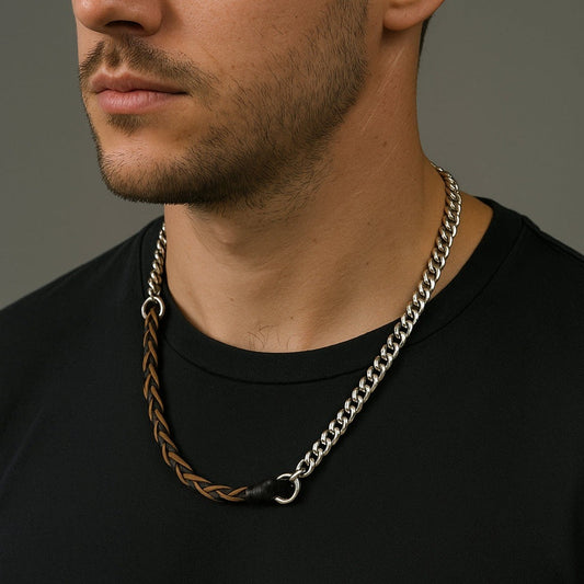 THE MEN THING Leather Necklace CURBLINK BRAID - Pure Titanium Steel Chain with Black and Light Brown Beaded Rope Necklace for Men and Boys - 17inch