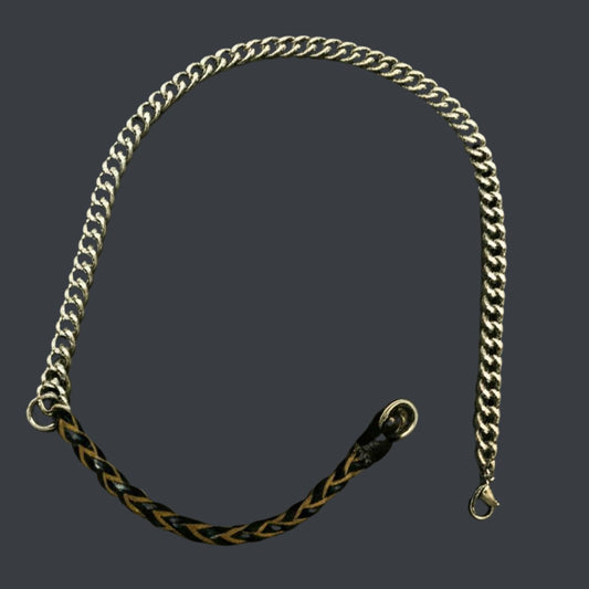 THE MEN THING Leather Necklace CURBLINK BRAID - Pure Titanium Steel Chain with Black and Light Brown Beaded Rope Necklace for Men and Boys - 17inch