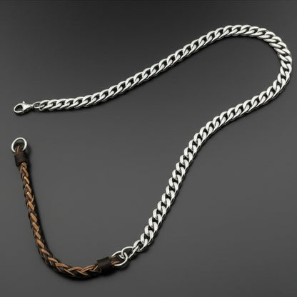 THE MEN THING Leather Necklace CURBLINK BRAID - Pure Titanium Steel Chain with Brown and Black Beaded Rope Necklace for Men and Boys - 17inch
