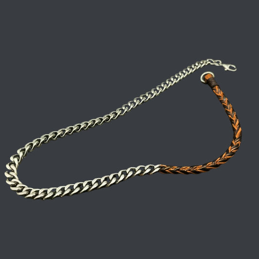 THE MEN THING Leather Necklace CURBLINK BRAID - Pure Titanium Steel Chain with Drak Brown Beaded Rope Necklace for Men and Boys - 17inch
