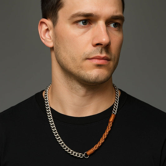 THE MEN THING Leather Necklace CURBLINK BRAID - Pure Titanium Steel Chain with Orange-Brown Beaded Rope Necklace for Men and Boys - 17inch