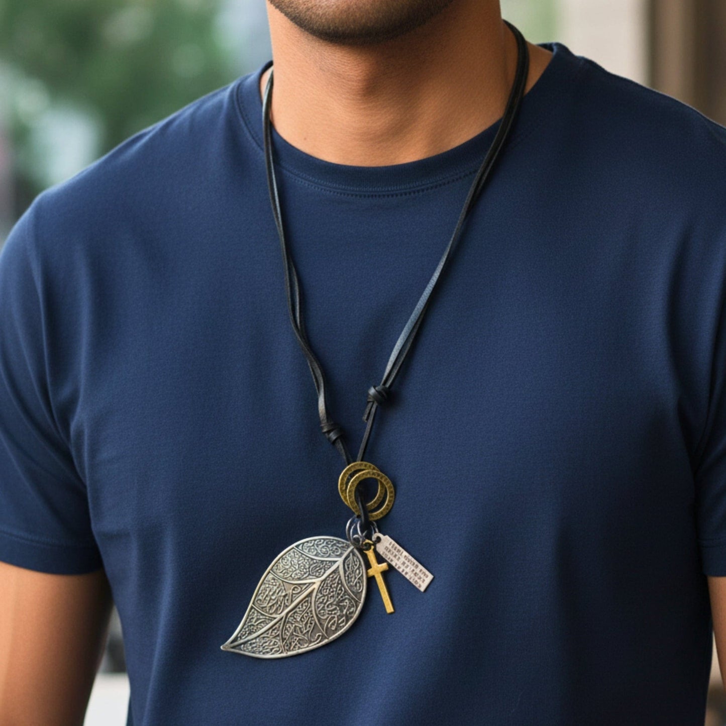 THE MEN THING Leather Necklace ETHEREAL LEAF – 2.5-Inch Pure Stainless Steel Pendant with Adjustable Leather Rope for Men & Boys