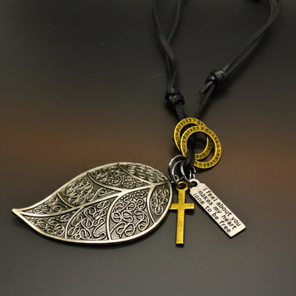 THE MEN THING Leather Necklace ETHEREAL LEAF – 2.5-Inch Pure Stainless Steel Pendant with Adjustable Leather Rope for Men & Boys
