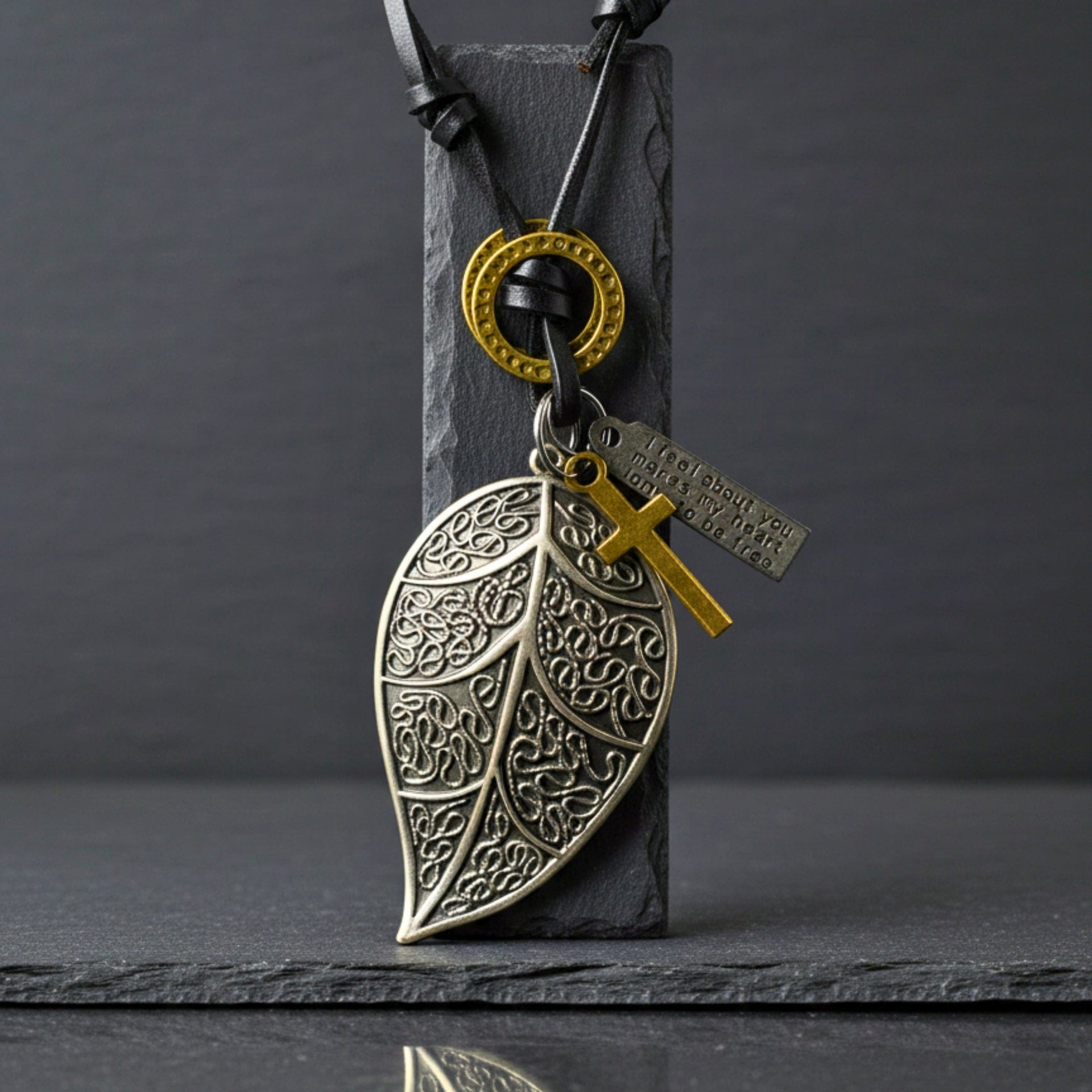 THE MEN THING Leather Necklace ETHEREAL LEAF – 2.5-Inch Pure Stainless Steel Pendant with Adjustable Leather Rope for Men & Boys