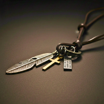 THE MEN THING Leather Necklace FAITH OF FEATHER – 2-Inch Pure Stainless Steel Pendant with Adjustable Leather Rope for Men & Boys