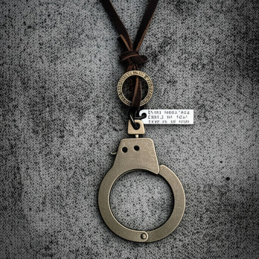 THE MEN THING Leather Necklace FREEDOM HANDCUFFS - Titanium Steel Pendant with Adjustable Rope Chain for Men & Boys