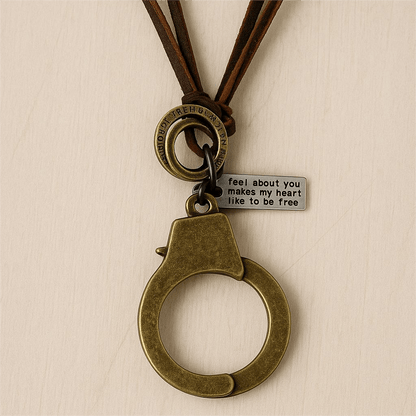 THE MEN THING Leather Necklace FREEDOM HANDCUFFS - Titanium Steel Pendant with Adjustable Rope Chain for Men & Boys