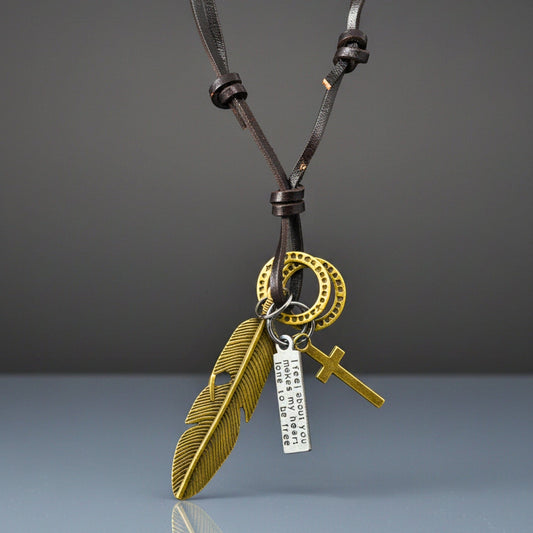THE MEN THING Leather Necklace GOLDEN FEATHER OF FAITH – 2-Inch Pure Stainless Steel Pendant with Adjustable Leather Rope for Men & Boys