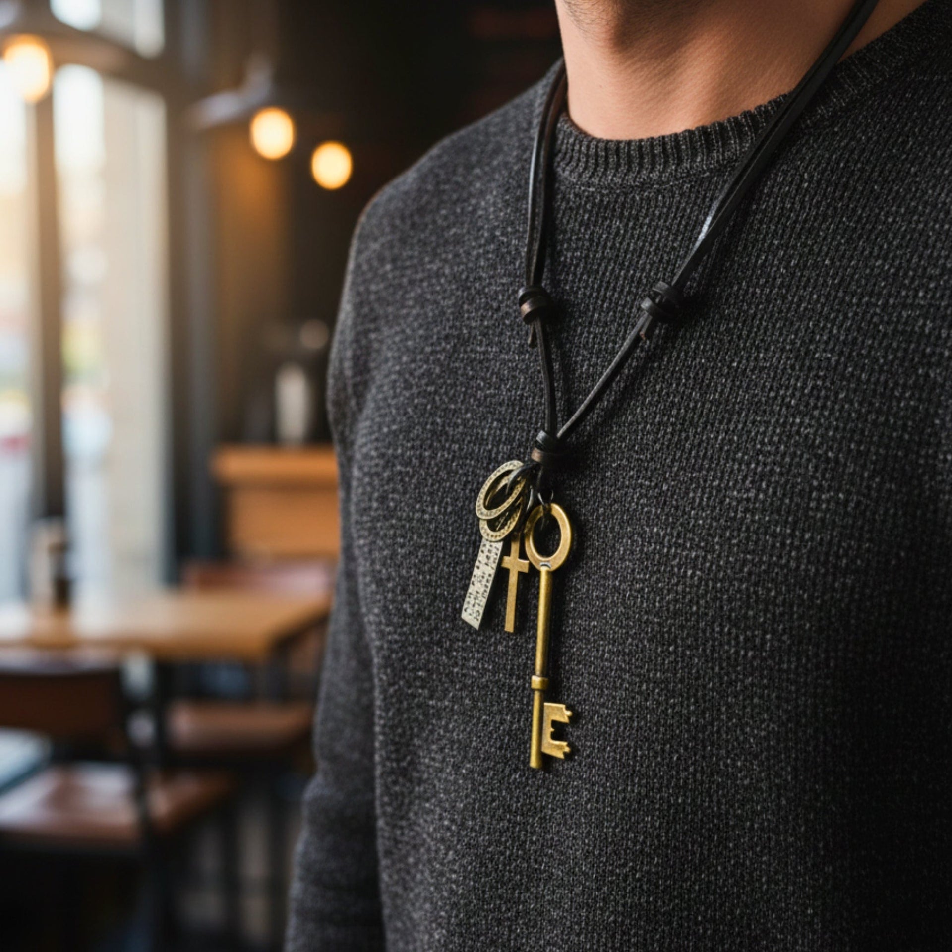 THE MEN THING Leather Necklace GOLDEN KEY OF FAITH – 2.5-Inch Pure Stainless Steel Pendant with Adjustable Leather Rope for Men & Boys