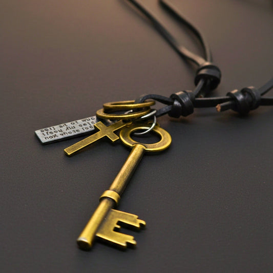 THE MEN THING Leather Necklace GOLDEN KEY OF FAITH – 2.5-Inch Pure Stainless Steel Pendant with Adjustable Leather Rope for Men & Boys