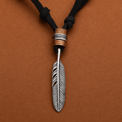THE MEN THING Leather Necklace HAWK FEATHER - Titanium Steel Pendant with Adjustable Rope Chain for Men & Boys