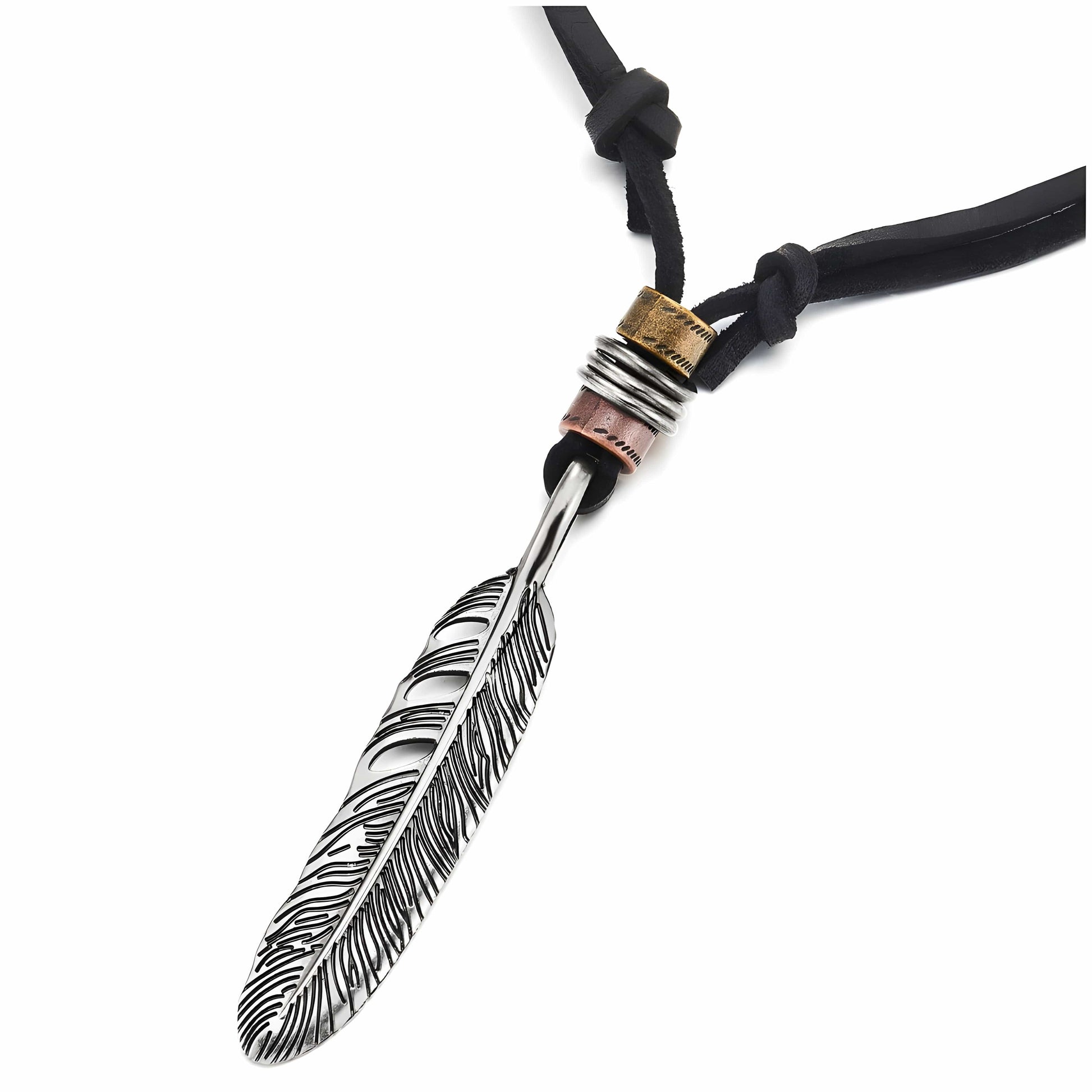 THE MEN THING Leather Necklace HAWK FEATHER - Titanium Steel Pendant with Adjustable Rope Chain for Men & Boys