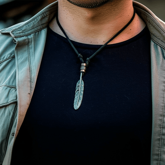 THE MEN THING Leather Necklace HAWK FEATHER - Titanium Steel Pendant with Adjustable Rope Chain for Men & Boys