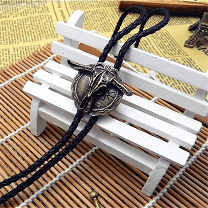 THE MEN THING Leather Necklace HORN VALOR - Retro Alloy Pendant Bolo Tie | Adjustable Genuine Leather Cowboy Necktie Necklace for Men & Boys