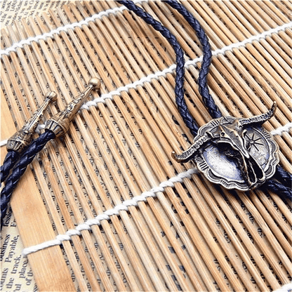 THE MEN THING Leather Necklace HORN VALOR - Retro Alloy Pendant Bolo Tie | Adjustable Genuine Leather Cowboy Necktie Necklace for Men & Boys