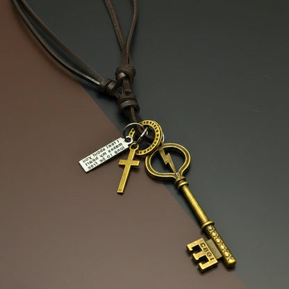 THE MEN THING Leather Necklace KEY OF VALOR – 3-Inch Pure Stainless Steel Pendant with Adjustable Leather Rope for Men & Boys