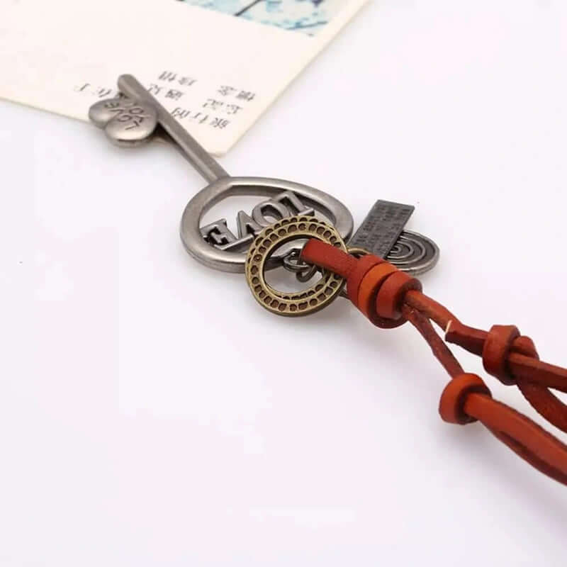 THE MEN THING Leather Necklace KEY TO HEART - Vintage Alloy Key Heart Pendant with Adjustable Pure Dark Brown Leather Cord Necklace for Men & Boys