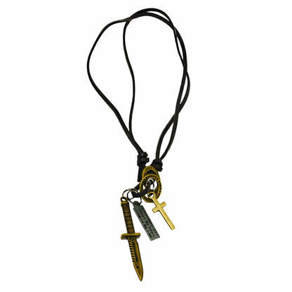 THE MEN THING Leather Necklace KNIGHT GOLDEN SWORD – 2.5-Inch Pure Stainless Steel Pendant with Adjustable Leather Rope for Men & Boys