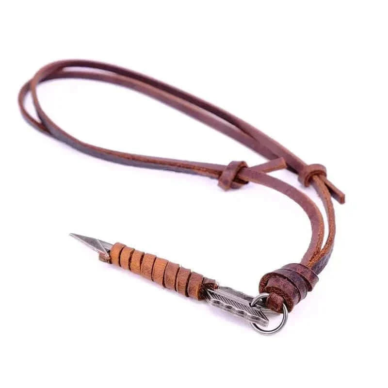 THE MEN THING Leather Necklace LEATHER BOALT BROWN - Vintage Alloy Gold Wrapped Arrow Pendant with Adjustable Pure Leather Cord Necklace for Men & Boys