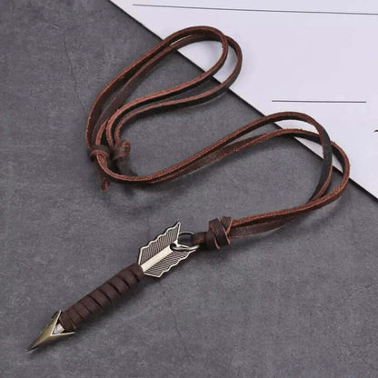 THE MEN THING Leather Necklace LEATHER BOALT BROWN - Vintage Alloy Gold Wrapped Arrow Pendant with Adjustable Pure Leather Cord Necklace for Men & Boys