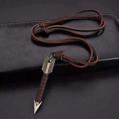 THE MEN THING Leather Necklace LEATHER BOALT BROWN - Vintage Alloy Gold Wrapped Arrow Pendant with Adjustable Pure Leather Cord Necklace for Men & Boys