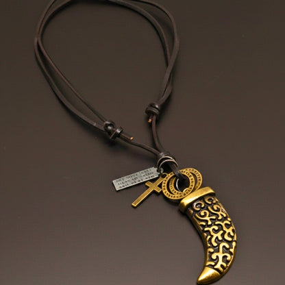 THE MEN THING Leather Necklace LEGION FANG  – 2-Inch Pure Stainless Steel Pendant with  Adjustable Leather Rope for Men & Boys