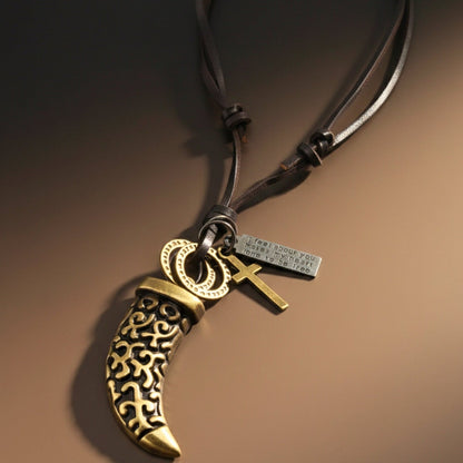 THE MEN THING Leather Necklace LEGION FANG  – 2-Inch Pure Stainless Steel Pendant with  Adjustable Leather Rope for Men & Boys