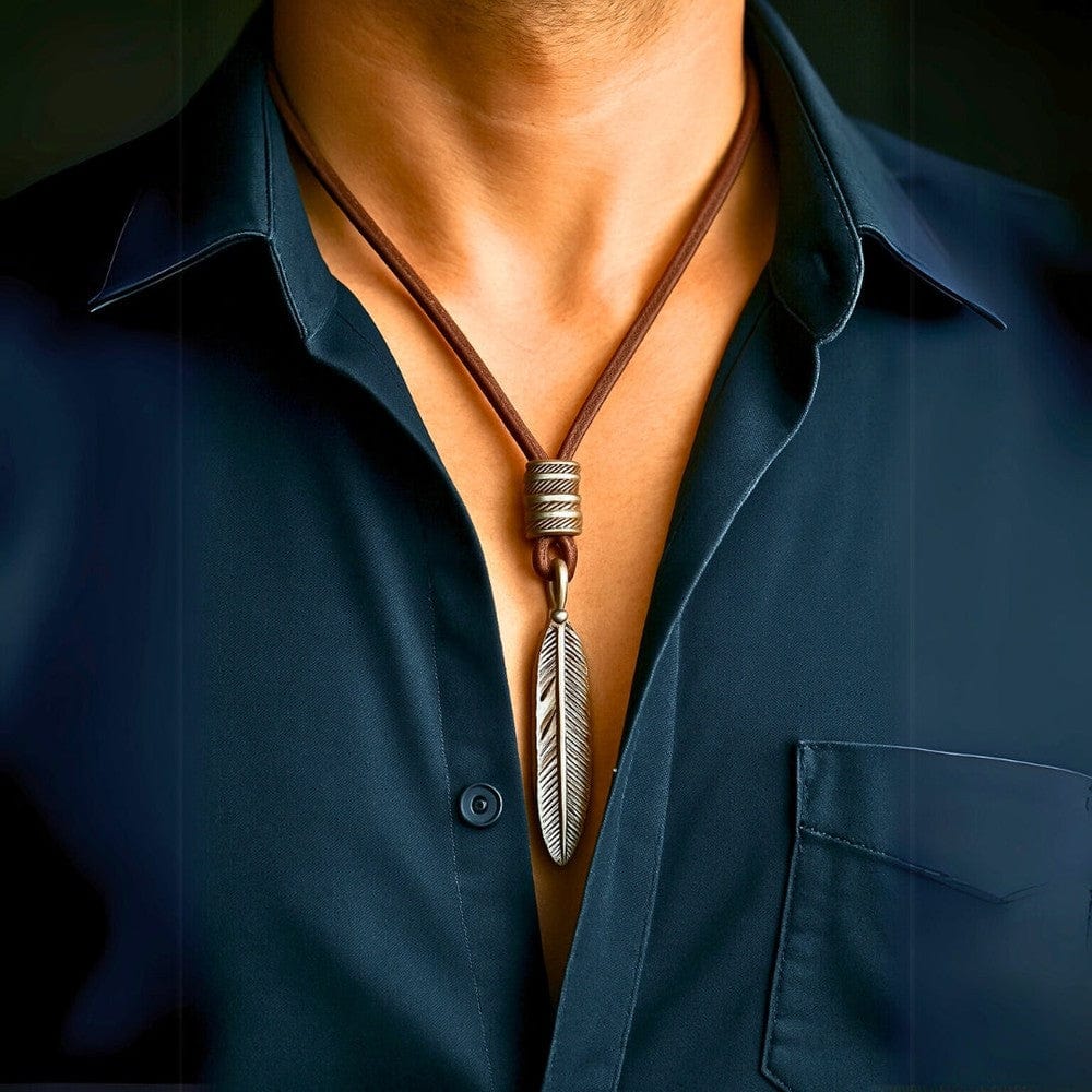 THE MEN THING Leather Necklace MAYAN FREEDOM BROWN - Vintage Alloy Feather Pendant with Adjustable Pure Leather Cord Necklace for Men & Boys