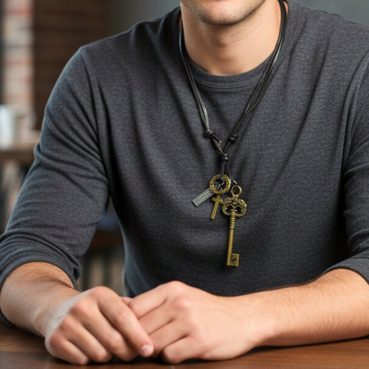 THE MEN THING Leather Necklace MYSTERIOUS KEY – 2.5-Inch Pure Stainless Steel Pendant with  Adjustable Leather Rope for Men & Boys