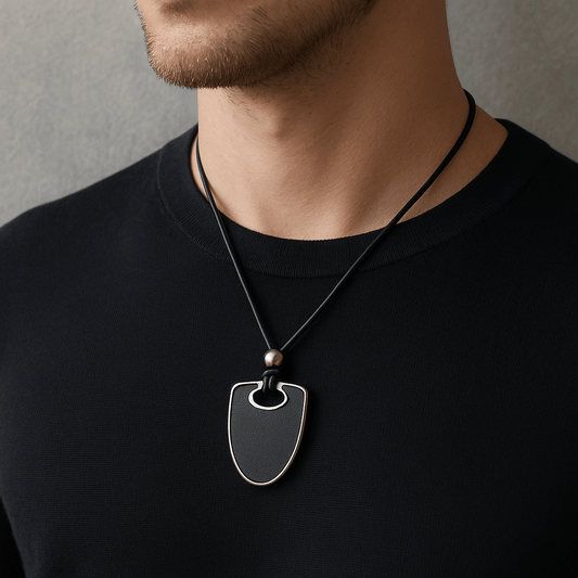 THE MEN THING Leather Necklace NYXEN EDGE - Titanium Steel Pendant with Adjustable Rope Chain for Men & Boys