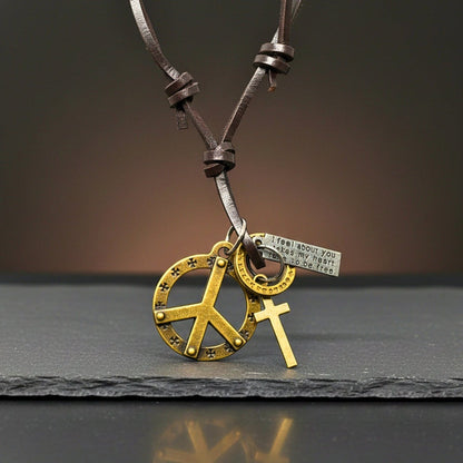 THE MEN THING Leather Necklace PEACE OF CROSS – 1.2-Inch Pure Stainless Steel Pendant with Adjustable Leather Rope for Men & Boys