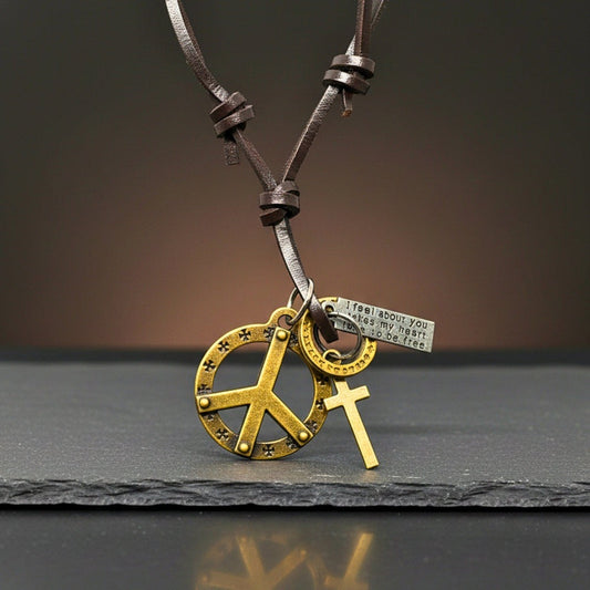 THE MEN THING Leather Necklace PEACE OF CROSS – 1.2-Inch Pure Stainless Steel Pendant with Adjustable Leather Rope for Men & Boys