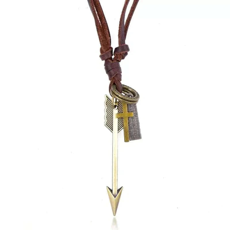 THE MEN THING Leather Necklace PIERCING HEART - Vintage Alloy Golden Arrow Pendant with Adjustable Pure Leather Cord Necklace for Men & Boys