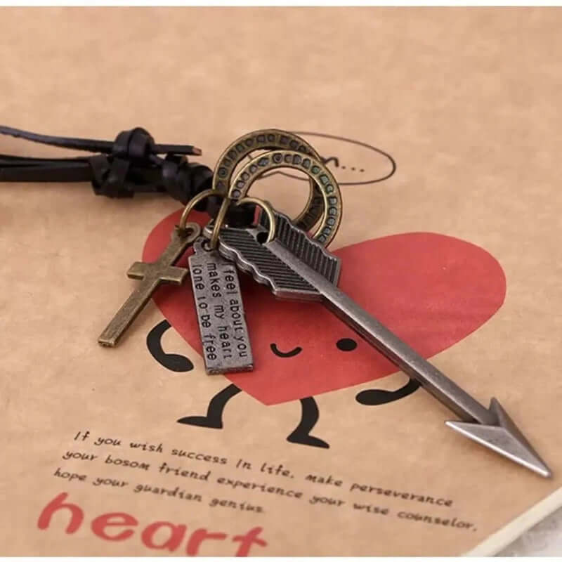 THE MEN THING Leather Necklace PIERCING HEART - Vintage Alloy Silver Arrow Pendant with Adjustable Pure Leather Cord Necklace for Men & Boys