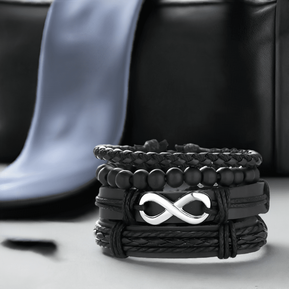 THE MEN THING Leather Necklace QUADRA-FUSION INFINITY SILVER - 4 Pcs Black Genuine Braided Leather Bracelet Set, Tribal Woven Ethnic Wrap Infinity Bracelet for Men & Boys (8 inch)