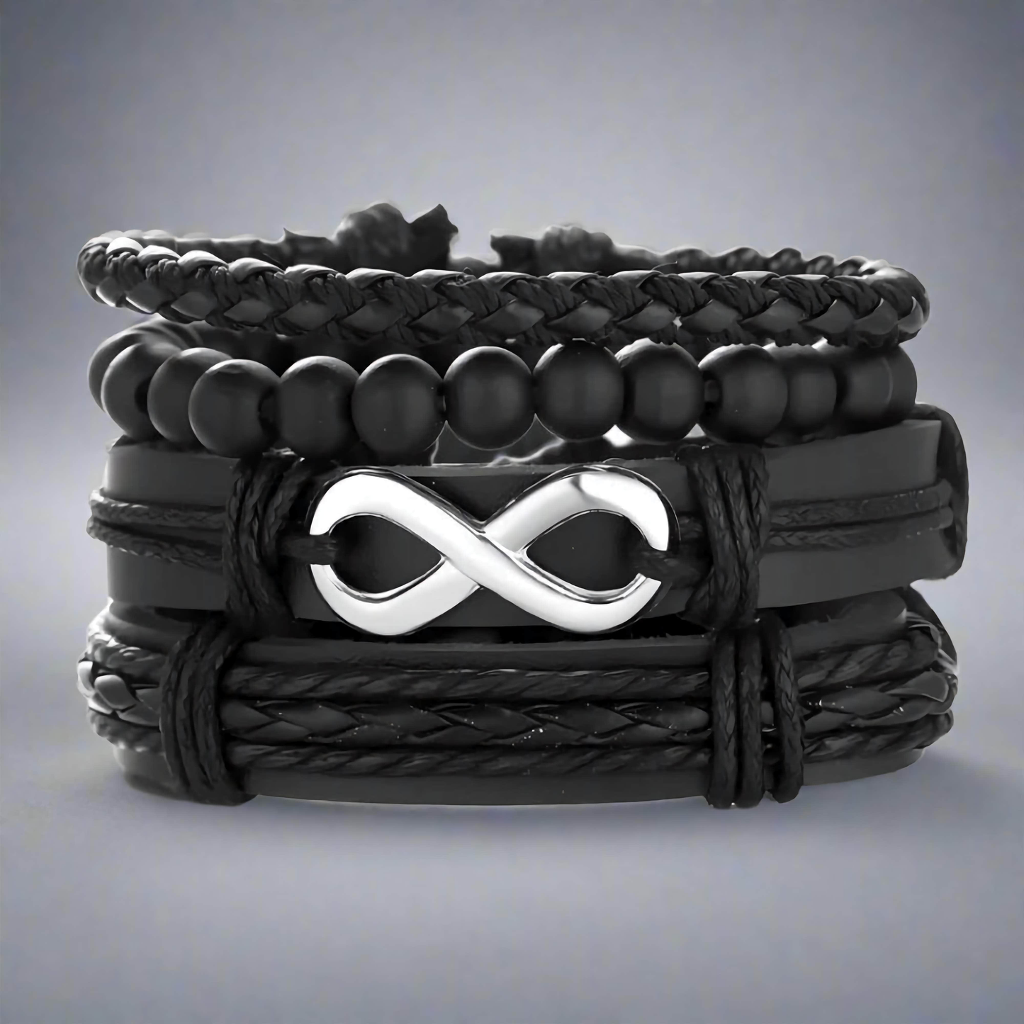THE MEN THING Leather Necklace QUADRA-FUSION INFINITY SILVER - 4 Pcs Black Genuine Braided Leather Bracelet Set, Tribal Woven Ethnic Wrap Infinity Bracelet for Men & Boys (8 inch)