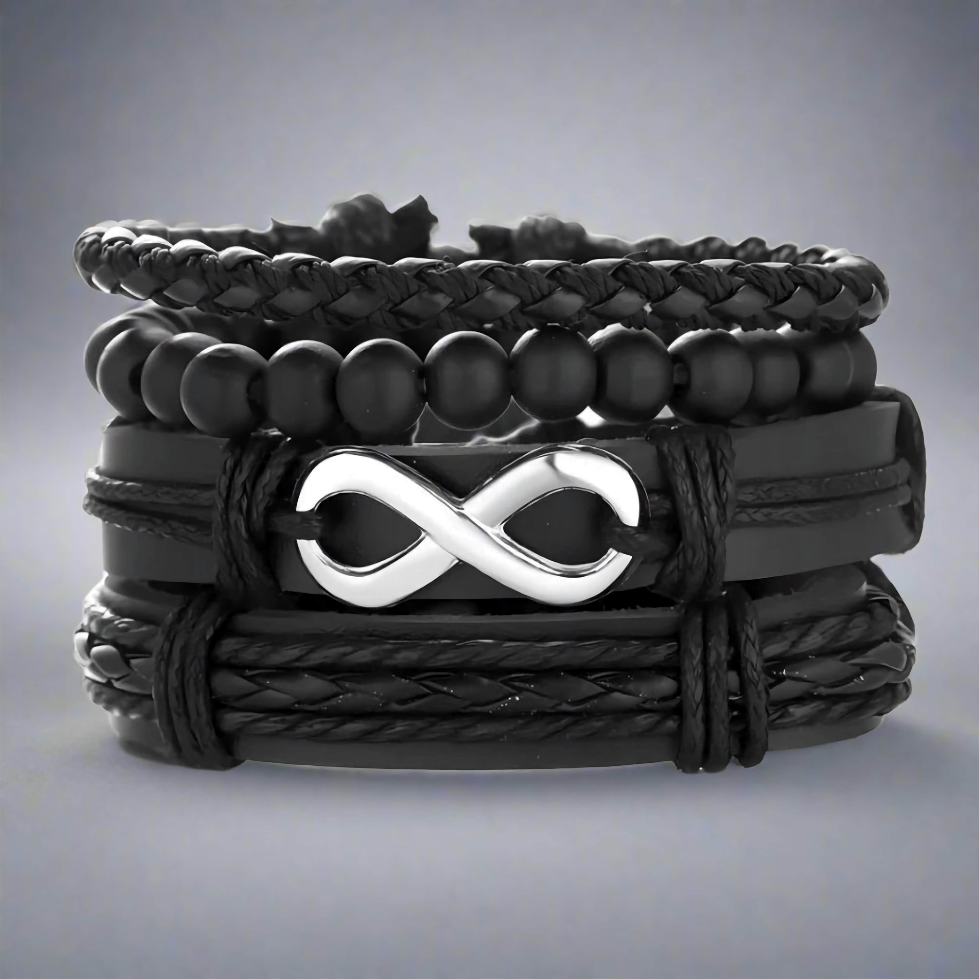 THE MEN THING Leather Necklace QUADRA-FUSION INFINITY SILVER - 4 Pcs Black Genuine Braided Leather Bracelet Set, Tribal Woven Ethnic Wrap Infinity Bracelet for Men & Boys (8 inch)