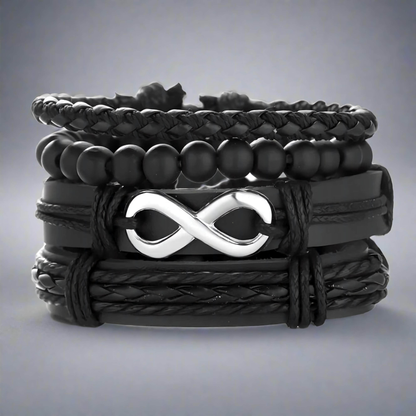 THE MEN THING Leather Necklace QUADRA-FUSION INFINITY SILVER - 4 Pcs Black Genuine Braided Leather Bracelet Set, Tribal Woven Ethnic Wrap Infinity Bracelet for Men & Boys (8 inch)