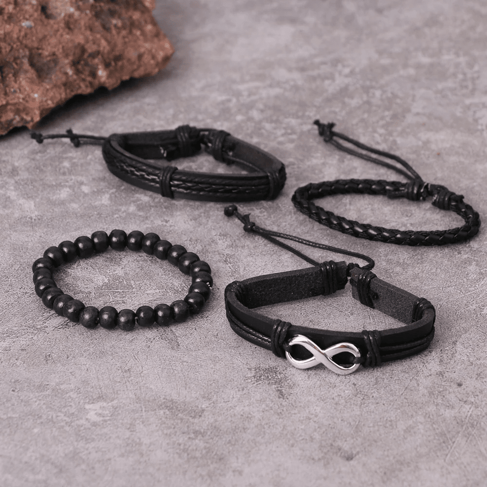 THE MEN THING Leather Necklace QUADRA-FUSION INFINITY SILVER - 4 Pcs Black Genuine Braided Leather Bracelet Set, Tribal Woven Ethnic Wrap Infinity Bracelet for Men & Boys (8 inch)