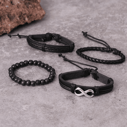 THE MEN THING Leather Necklace QUADRA-FUSION INFINITY SILVER - 4 Pcs Black Genuine Braided Leather Bracelet Set, Tribal Woven Ethnic Wrap Infinity Bracelet for Men & Boys (8 inch)