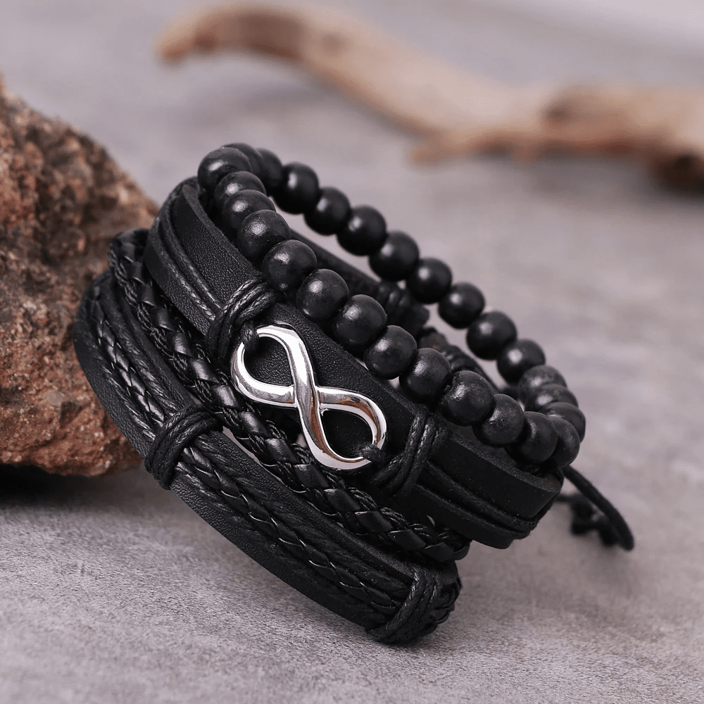 THE MEN THING Leather Necklace QUADRA-FUSION INFINITY SILVER - 4 Pcs Black Genuine Braided Leather Bracelet Set, Tribal Woven Ethnic Wrap Infinity Bracelet for Men & Boys (8 inch)