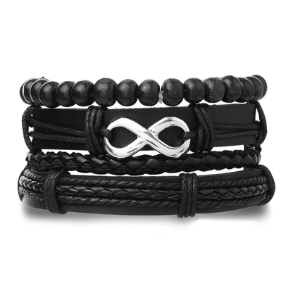 THE MEN THING Leather Necklace QUADRA-FUSION INFINITY SILVER - 4 Pcs Black Genuine Braided Leather Bracelet Set, Tribal Woven Ethnic Wrap Infinity Bracelet for Men & Boys (8 inch)