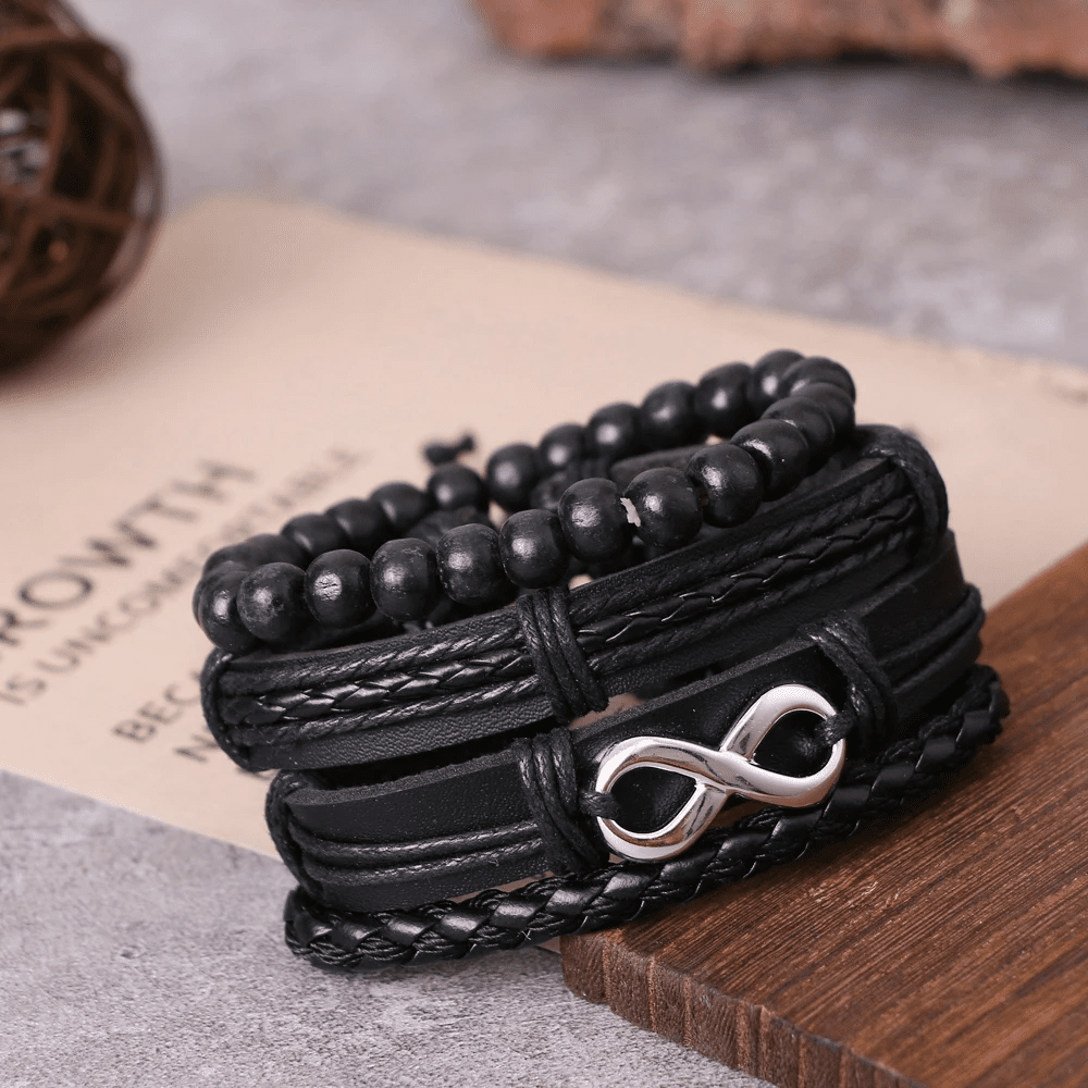 THE MEN THING Leather Necklace QUADRA-FUSION INFINITY SILVER - 4 Pcs Black Genuine Braided Leather Bracelet Set, Tribal Woven Ethnic Wrap Infinity Bracelet for Men & Boys (8 inch)