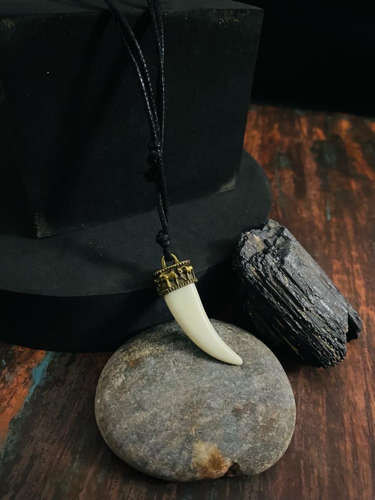 THE MEN THING Leather Necklace REGAL CROWN - Faux Ivory Tusk Pendant, Antique Gold Crown with Black Cotton Cord Adjustable Necklace for Men and Boys.