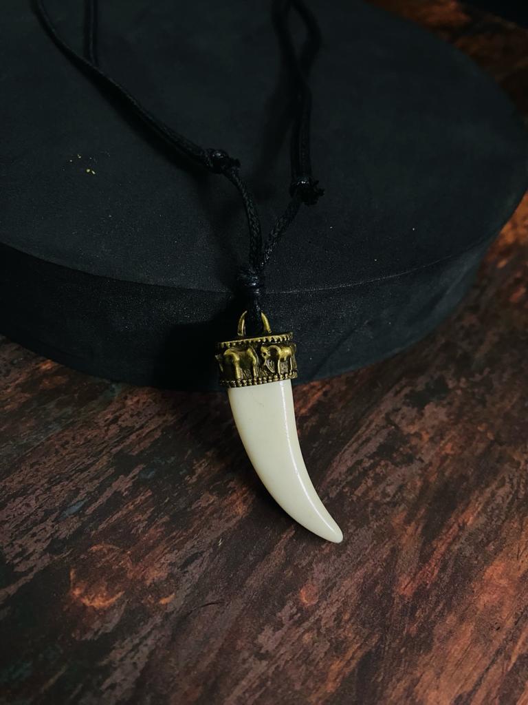 THE MEN THING Leather Necklace REGAL CROWN - Faux Ivory Tusk Pendant, Antique Gold Crown with Black Cotton Cord Adjustable Necklace for Men and Boys.