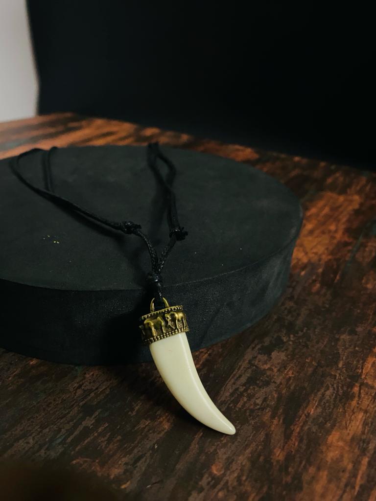THE MEN THING Leather Necklace REGAL CROWN - Faux Ivory Tusk Pendant, Antique Gold Crown with Black Cotton Cord Adjustable Necklace for Men and Boys.