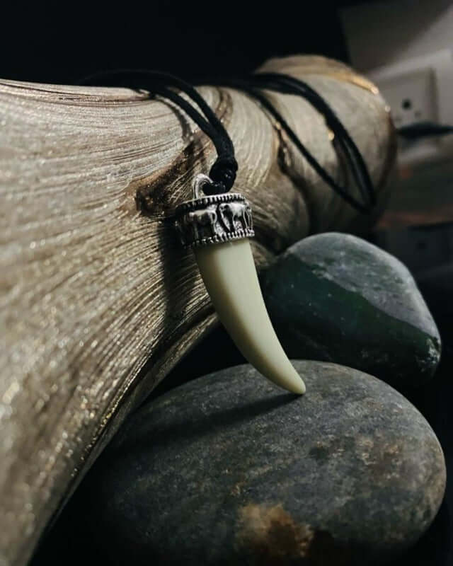 THE MEN THING Leather Necklace REGAL CROWN - Faux Ivory Tusk Pendant, Antique Silver Crown with Black Cotton Cord Adjustable Necklace for Men and Boys.