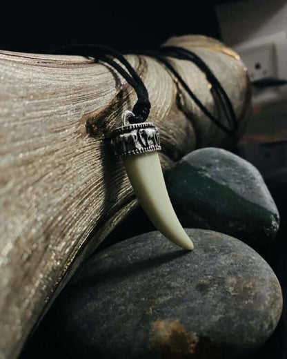THE MEN THING Leather Necklace REGAL CROWN - Faux Ivory Tusk Pendant, Antique Silver Crown with Black Cotton Cord Adjustable Necklace for Men and Boys.